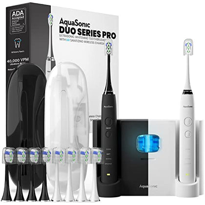 AquaSonic DUO PRO - Ultra Whitening 40,000 VPM Electric ToothBrushes - ADA Accepted - 4 Modes with Smart Timers - UV Sanitizing & Wireless Charging Base - 10 ProFlex Brush Heads & 2 Travel Cases