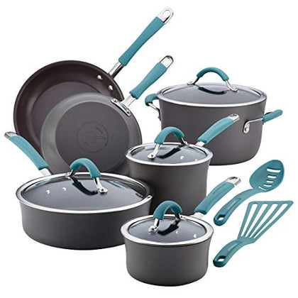 Rachael Ray Cucina Hard Anodized Nonstick Cookware Pots and Pans Set, 12 Piece, Gray with Blue Handles