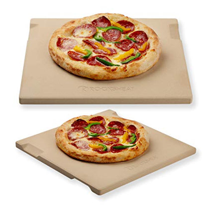 ROCKSHEAT Pizza Stone Baking & Grilling Stone, Perfect for Oven, BBQ and Grill. Innovative Double - faced Built - in 4 Handles Design (12