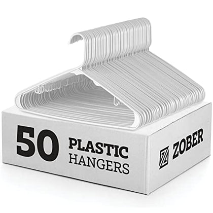 Zober Plastic Hangers 50 Pack - Standard Set of Slim Heavy Duty Clothes Hangers w/Hooks for Coats, Jackets & Pants for Everyday Use, White