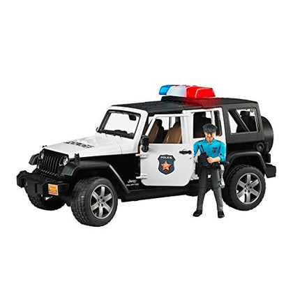 Bruder Toys - Emergency Realistic Jeep Wrangler Unlimited Rubicon Police Vehicle with Light Skintoned Policeman and Light and Sound Module with 4 Different Sounds - Ages 4+