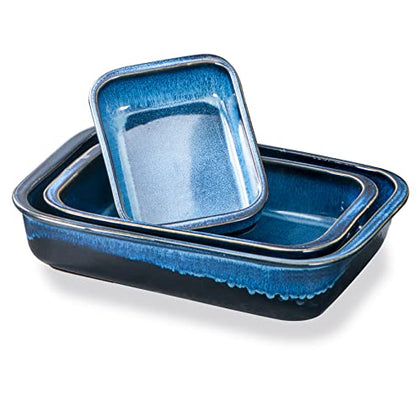 UNICASA Ceramic Baking Casserole Dish Set - Lasagna Pans Oven Safe, 9x13 Inch Rectangular Bakeware Sets of 3 for Cake Dinner, Cookware Baker for Kitchen (Reactive Glaze Blue)