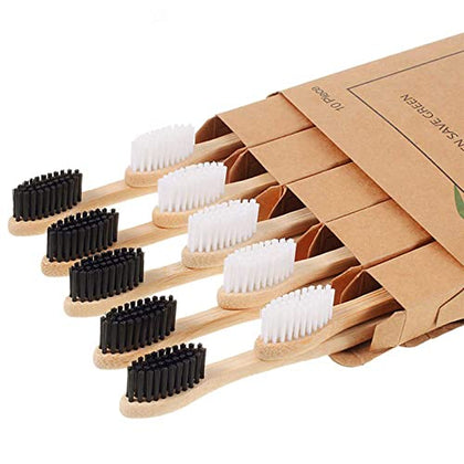 NUDUKO Biodegradable Bamboo Toothbrushes, 10 Piece BPA Free Soft Bristles Toothbrushes, Natural, Eco-Friendly, Green and Compostable