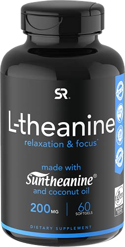 Sports Research Double Strength L-Theanine Supplement - Suntheanine Softgels for Focus, Relaxation & Alertness - Non-Drowsy Support Made with Coconut Oil, Non-GMO & Gluten Free - 200mg, 60 Count