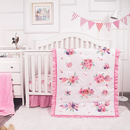 La Premura Baby Girl Crib Bedding Set for Baby Girls, 3-Piece Nursery Crib Set Including Crib Sheet, Blanket and Crib Skirt, Watercolor Boho Feather Floral, Pastel Pink & Lilac