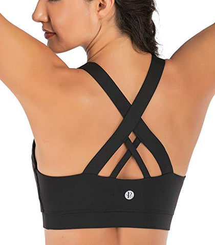 RUNNING GIRL Sports Bra for Women, Criss-Cross Back Padded Strappy Sports Bras Medium Support Yoga Bra with Removable Cups(WX2353D.Black.XS)