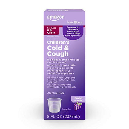 Amazon Basic Care Children's Cold and Cough Relief DM Medicine, Soothes Cough, Relieves Allergy Symptoms, Red Grape Flavor Liquid, Syrup, 8 Fluid Ounces