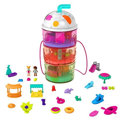 Polly Pocket 2-In-1 Travel Toy Playset, Spin 'N Surprise Smoothie with Micro Polly & Lila Dolls, Plus 25 Accessories