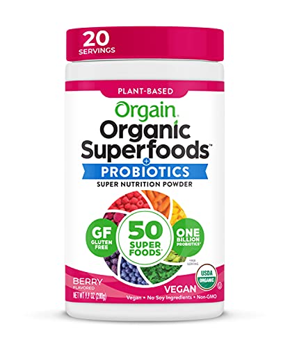 Orgain Organic Greens Powder + 50 Superfoods, Berry - 1 Billion Probiotics for Gut Health, Antioxidants, Vegan, Plant Based, Gluten Free, Non GMO, Dairy Free Juice & Smoothie Mix - 0.62lb