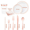 SIRSIMON 250 Piece Disposable Rose Gold Plastic Dinnerware Set - 50 Rose Gold Plastic Plates - 25 Rose Gold Plastic Silverware - 25 RoseGold Cups and Straws - 50 Fancy Napkins, Wedding or Party of 25