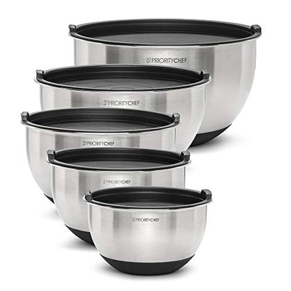 Priority Chef Premium Mixing Bowls With Lids Set, Airtight Lids, Thicker Stainless Steel Mixing Bowl Set, Large Prep Metal Bowls with Lids, Nesting Bowls for Kitchen, 1.5/2/3/4/5 Qrt, Black Used-Like New