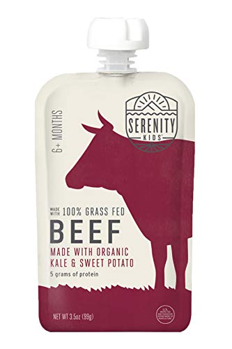 Serenity Kids 6+ Months Baby Food Pouches Puree Made With Ethically Sourced Meats & Organic Veggies | 3.5 Ounce BPA-Free Pouch | Grass Fed Beef, Kale, Sweet Potato | 12 Count