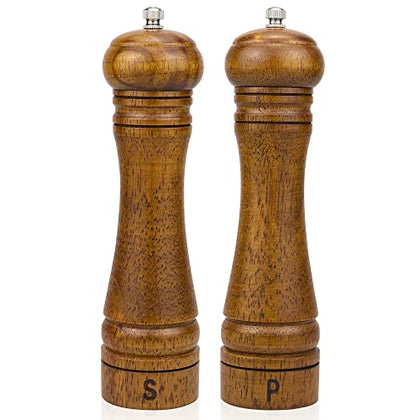 XWXO Wood Salt and Pepper Grinder Set, Salt Mill Pepper Grinder Set, Pepper Mill, Salt Shakers with Adjustable Ceramic Rotor- Oak Wood Pepper Grinder for Your Kitchen 8 inches - Pack of 2