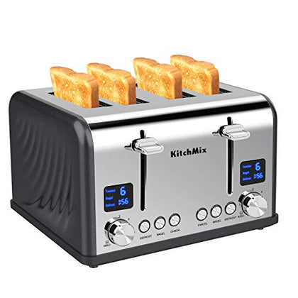 KitchMix Toaster 4 Slice, Bagel Stainless Toaster with LCD Timer, Extra Wide Slots, Dual Screen, Removal Crumb Tray (Gray)