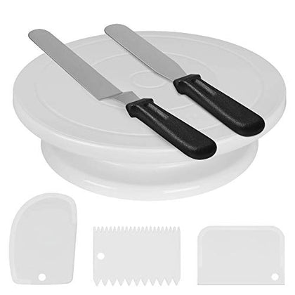 Kootek Cake Decorating Kit Baking Supplies Cake Turntable with 2 Frosting Straight Angled Spatula 3 Icing Smoother Scrapers Baking Accessories Tools for Beginners and Pros, White