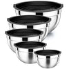 P&P CHEF Stainless Steel Mixing Bowls with Black Lids Set of 5, Nesting Salad Mix Bowl for Mixing/Prepping/Beating, Refrigerator & Dishwasher Safe, Size 4.6, 3, 1.5, 1, 0.7 QT