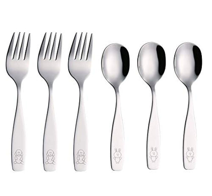 ANNOVA Kids Silverware 6 Pieces Children's Safe Flatware Set Stainless Steel - 3 x Forks, 3 x Children Dinner Spoons, Toddler Utensils, Metal Cutlery Set for LunchBox (Engraved Dog Bunny)