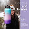 Elvira 32oz Vacuum Insulated Stainless Steel Water Bottle with Straw & Spout Lids, Double Wall Sweat-proof BPA Free to Keep Beverages Cold For 24Hrs or Hot For 12Hrs-Green/Pink/Purple Gradient