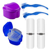 Denture Case Kit, 2 Denture Cup with 2 Denture Brush & 2 Portable Brush Box, Denture Bath Cup with Strainer & Lid for Travel, Storage Soak Container Retainer Cleaner (Blue & Purple)