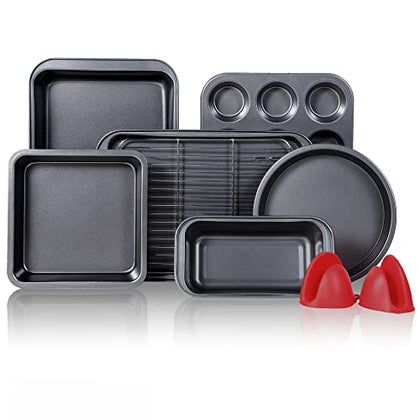 KITESSENSU Baking Pans Sets, Nonstick Bakeware Set 7-Piece with Round/Square Cake Pan, Loaf Muffin Cookie Sheet, Roast Cooling Rack, Carbon Steel Bake