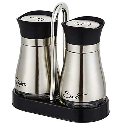 Salt and Pepper Shakers Set, Stainless Steel with Glass Bottle for Table, RV, Camp, BBQ, Set of 2