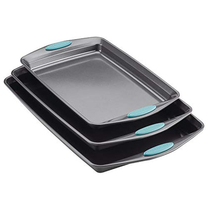 Rachael Ray Bakeware Nonstick Cookie Pan Set, 3-Piece, Gray with Agave Blue Grips