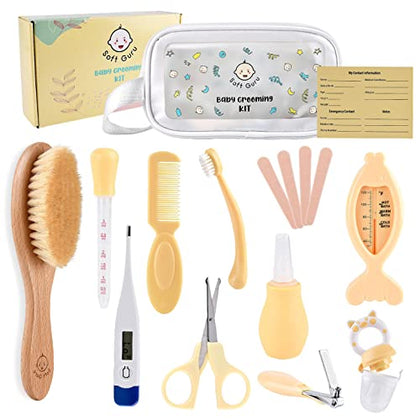 Soft Guru Baby Healthcare and Grooming Kit | Nursery Essentials for Newborns Gift Set | Includes Thermometer, Nail Clippers, Soft Brush & Baby Shower Basket Registry Items.