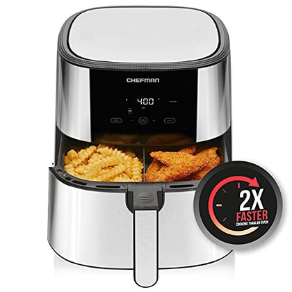 CHEFMAN 2 in 1 Max XL 8 Qt Air Fryer, Healthy Cooking, User Friendly, Basket Divider For Dual Cooking, Nonstick Stainless Steel, Digital Touch Screen with 4 Cooking Functions, BPA-Free