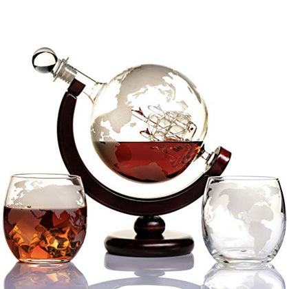 Kemstood Whiskey Decanter Sets for Men - Etched World Globe Design with Wood Stand & 2 Glass - Ideal for Dignified Drinking, Home Decor - Unique Whiskey Gifts for Men - 28 oz / 850 ml Capacity