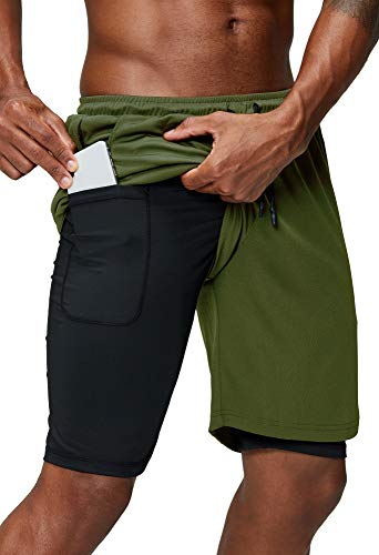 Pinkbomb Men's 2 in 1 Running Shorts Gym Workout Quick Dry Mens Shorts with Phone Pocket (Army Green, Small