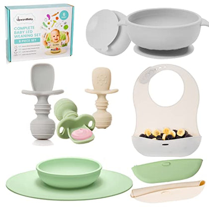 Upward Baby Led Weaning Supplies - Suction Plates for Baby - Spoons Self Feeding 6 months Suction Bowls Silicone Plates - Toddler Plates Bowls Self Eating - Infant First Stage BLW Utensils 6-12 Months