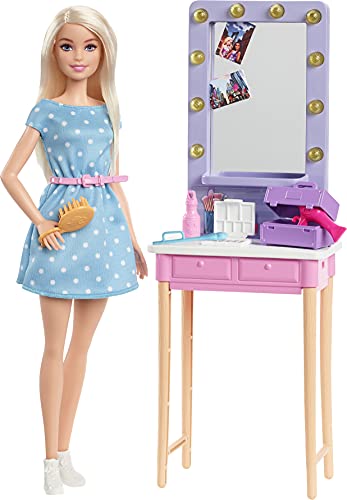 Barbie: Big City, Big Dreams Malibu Barbie Doll (11.5-in, Blonde) and Backstage Dressing Room Playset with Accessories, Gift for 3 to 7 Year Olds , White