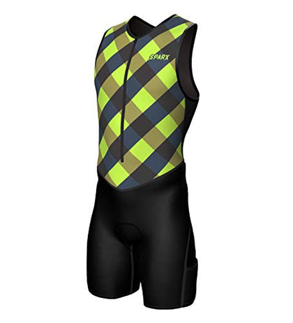 Sparx Mens Premium Triathlon Suit Padded Triathlon Tri Suit Race Suit Swim Bike Run (Green Checks, Large)