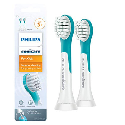 Philips Sonicare for Kids 3+ Genuine Replacement Toothbrush Heads, 2 Brush Heads, Turquoise and White, Compact, HX6032/94