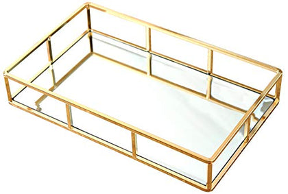 PuTwo Tray Mirror, Gold Dresser Ornate Tray Metal Decorative Tray Jewelry Perfume Organizer Makeup Tray for Vanity, Dresser, Bathroom, Bedroom