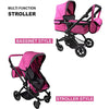 Fash n Kolor Baby Doll Stroller My First Foldable Doll Stroller in Denim Hot Pink Design, Bassinet Stroller with Baby Doll Adjustable Handle, Convertible Seat, Basket, and Free Carriage Bag