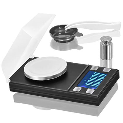 RASSE Digital Pocket Scale 50 x 0.001g, Mini Jewelry Gold Lab Carat Powder Weigh Scales with Calibration Weights Tweezers, Weighing Pans, LCD Display, Acrylonitrile Butadiene Styrene