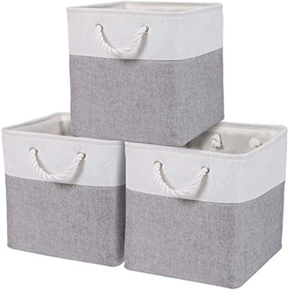 DECOMOMO Cube Storage Organizer Bins | Box Storage Cube Basket with Handles Fabric Cloth Bins for Organizing Shelf Nursery Home Closet (White & Grey, 13 x 13 x 13 inch - 3 Pack)