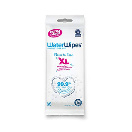 WaterWipes Plastic-Free XL Bathing Wipes for Toddlers & Babies, 99.9% Water Based Wipes, Unscented & Hypoallergenic for Sensitive Skin, 16 Count (1 pack), Packaging May Vary