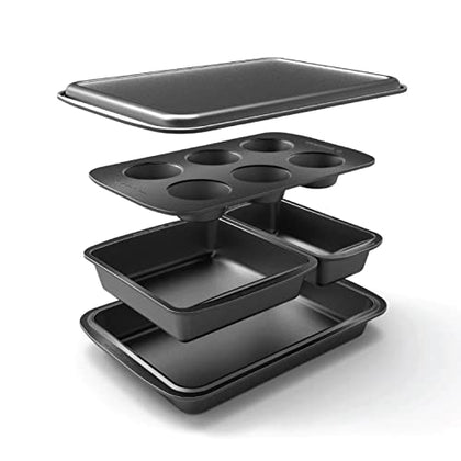 Baker's Secret Stackable Baking Set of 5 Bakeware Pans, Bakeware Set, Baking Pan Set Includes Muffin Pan, Roaster Pan, Square Pan, Cookie Sheet, Loaf Pan, Baking Supplies