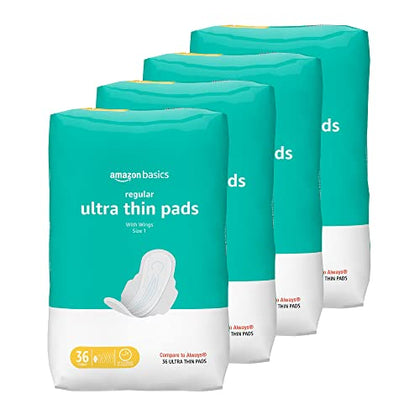 Amazon Basics Ultra Thin Pads with Flexi-Wings for Periods, Regular Absorbency, Unscented, Size 1, 144 Count, 4 Packs of 36 (Previously Solimo)