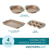 Rachael Ray Cucina Bakeware Set Includes Nonstick Cake Cookie Baking Sheet and Muffin Cupcake Pan, 4 Piece, Latte Brown with Agave Blue Grips