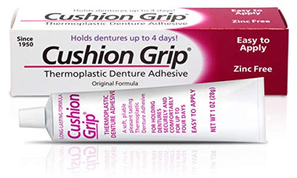 Cushion Grip Thermoplastic Denture Adhesive for Refitting and Tightening Loose Dentures [Not a Glue Adhesive, Acts Like a Soft Reliner] (1 Oz) Hold Dentures for Up to 4 Days.