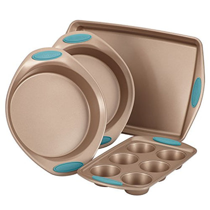 Rachael Ray Cucina Bakeware Set Includes Nonstick Cake Cookie Baking Sheet and Muffin Cupcake Pan, 4 Piece, Latte Brown with Agave Blue Grips