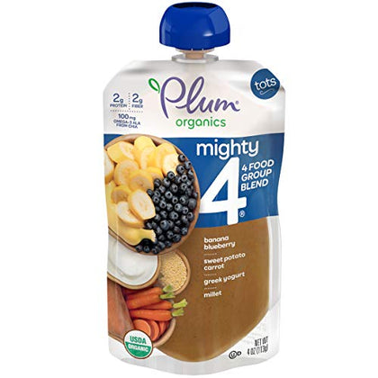 Plum Organics | Mighty Food Group Blend | Organic Baby Food Meals [12+ Months] | Banana, Blueberry, Sweet Potato, Carrot, Greek Yogurt & Millet | 4 Ounce Pouch (Pack Of 6) Packaging May Vary