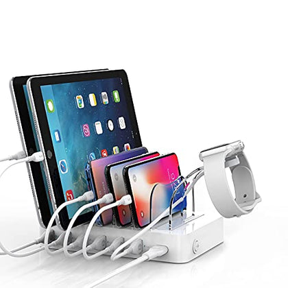 SooPii 60W 6-Port Charging Station for Multiple Devices, PD 20W USB C Fast Charging for lPhone 14/13/12,6 Short Cables Included, 2 in 1 Holder,for Phones,Tablets and Others,White