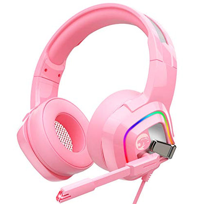 ZIUMIER Z66 Pink Gaming Headset for PS4, PS5, Xbox One, PC, Wired Over-Ear Headphone with Noise Isolation Microphone, LED RGB Light,Surround Sound