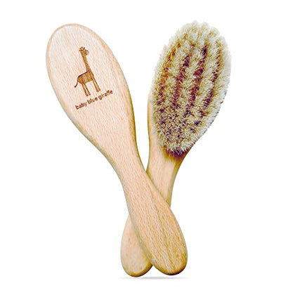 Super Soft Baby Hair Brush, Grooming Kit Must-Have, Baby Essentials, Ideal Gift for Baby Shower, All Natural Goat Hair and Beech Wood - Baby Blue Giraffe