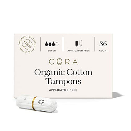 Cora 100% Organic Cotton Non-Applicator Tampons | Ultra-Absorbent, Unscented, Natural, Non-Toxic, Applicator Free | Eco-Conscious (36 Super Tampons)