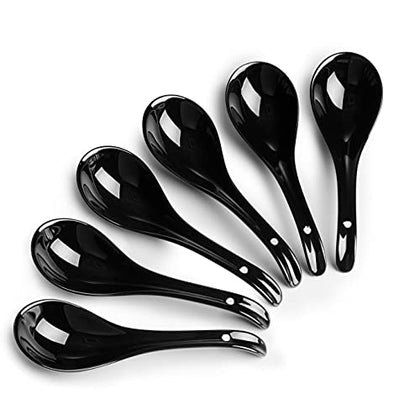 DOWAN Asian Soup Spoons Set, Ceramic Chinese Soup Spoons, Black Japanese Spoon for Cereal Stews Ramen Pho Wonton Dumpling Miso,6pcs